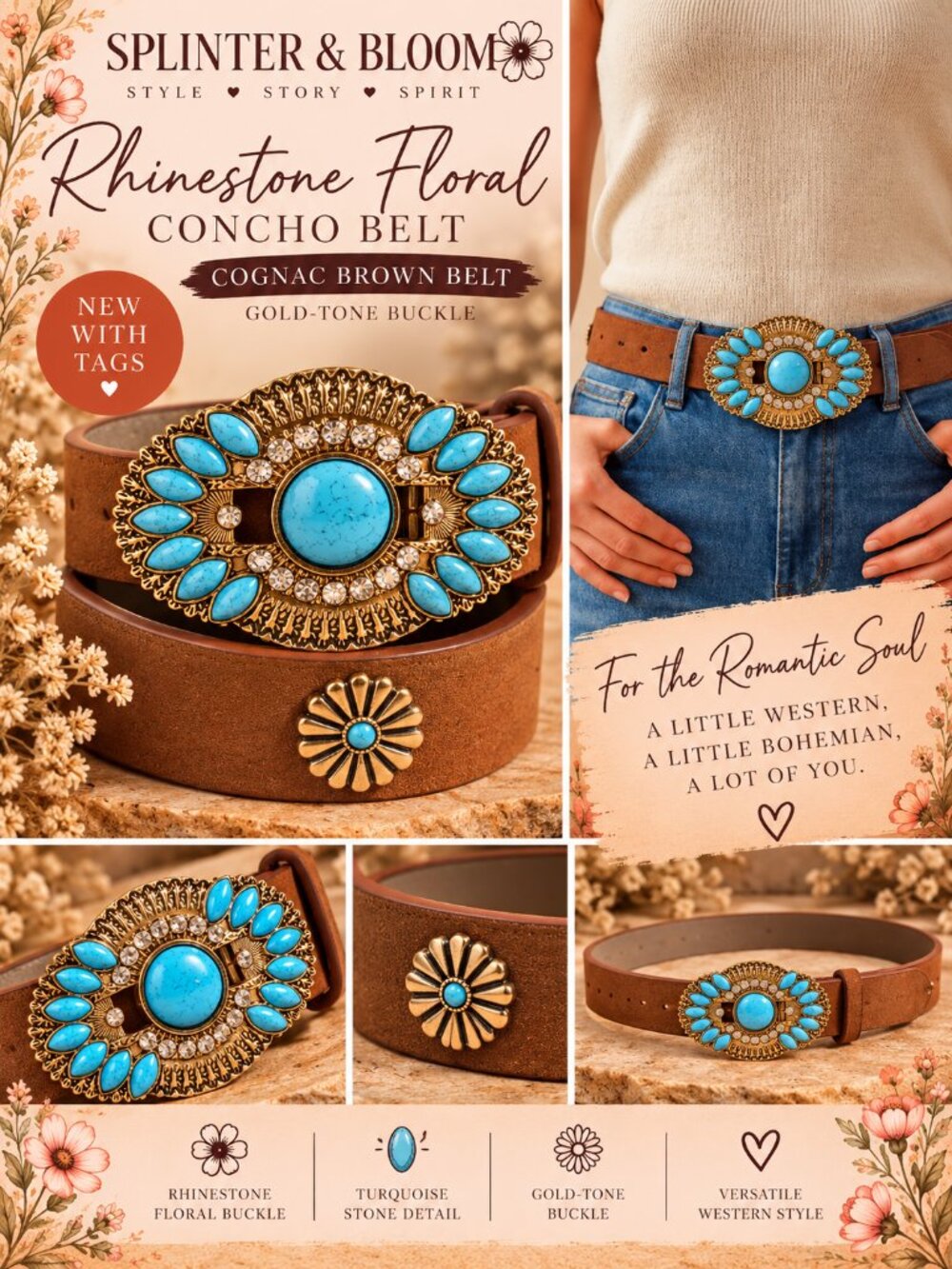 NWT Rhinestone Floral Turquoise Gold Concho Western Belt – Cognac